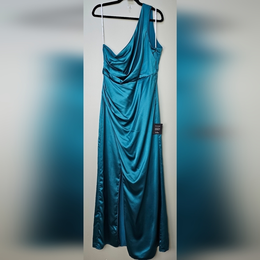 Lulus Dreaming of Elegance Dark Teal Satin One-Shoulder Maxi Dress, Size XL - Picture 9 of 10